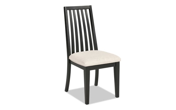 Blake Black & Gray Windsor upholstered dining chair with gray polyester fabric seat, hardwood slat back, and transitional style frame.