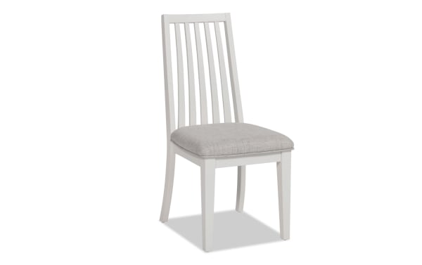 Blake White & Gray Windsor Upholstered Dining Chair with gray polyester fabric seat, white hardwood slat back, transitional style from Blake collection.