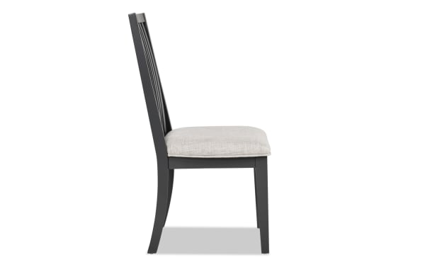 Blake Gray Windsor Upholstered Dining Chair in gray fabric with hardwood slat back, transitional style, part of Blake collection.