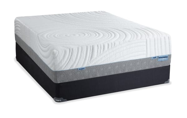 Twilight 15.5'' Queen Dual Standard Mattress Set by Bob's, featuring plush and firm sides, white quilted top with circular patterns, gray foam layer, and black foundation base. Premium 6-layer foam with ventilated Bob-O-Pedic Gel Memory Foam with Charcoal for targeted support and cooling.