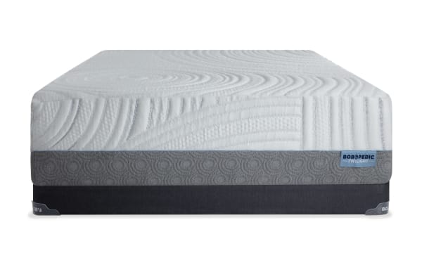 Twilight 15.5'' Queen Plush Low Profile Mattress Set by Bob’s, featuring white quilted top with wave patterns, gray textured side panel, and ventilated gel memory foam layers for cooling comfort.