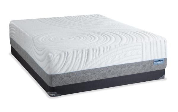 Twilight 15.5'' Queen Plush Low Profile Mattress Set by Bob's, featuring white quilted top with circular patterns, gray mid-layer, and black base foundation. Plush foam layers with ventilated Bob-O-Pedic Gel Memory Foam and charcoal for cooling comfort. Part of the Twilight collection.