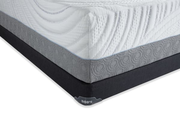 Twilight 15.5'' Queen Plush Low Profile Mattress Set by Bob's, featuring white quilted top with blue piping, gray textured sides, and black foundation.