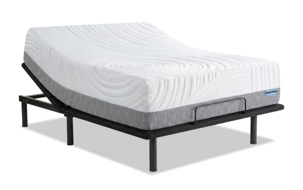 Queen-sized Power Bob Essential Base with Twilight 15.5'' Queen Plush Mattress featuring layered white and gray foam, ventilated gel memory foam, and adjustable black metal frame for customizable comfort and cooling support.