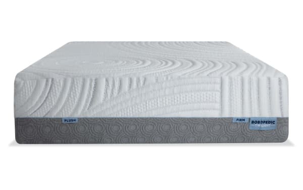 Power Bob Essential Base with Twilight 15.5'' King Dual Mattress featuring white quilted top with wave patterns, gray base, and labels reading "Plush," "Firm," and "Bobopedic Twilight."