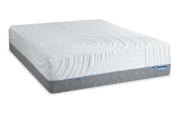 Power Bob Essential Base with Twilight 15.5'' King Dual Mattress featuring plush and firm sides, white quilted top with circular patterns, gray textured base, and Bob-O-Pedic branding.
