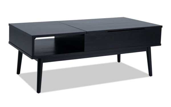 Bettie Black Rectangle Lift-Top Coffee Table in mid-century modern style, made of black wood with angled legs, storage, and a lift-top surface.