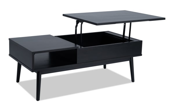 Bettie Black Rectangle Lift-Top Coffee Table from Bettie Entertainment & Occasional collection, mid-century modern wood with espresso finish, angled legs, and lift-top storage compartment.