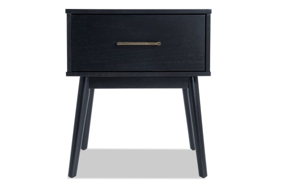 Bettie Black Storage End Table in mid-century modern style, made of black wood with an espresso finish, featuring a single drawer and tapered legs.