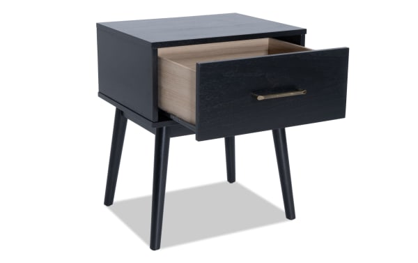 Mid-century modern Bettie Black Storage End Table in espresso wood with tapered legs, one spacious drawer, and brass handle, from Bettie Entertainment & Occasional collection.