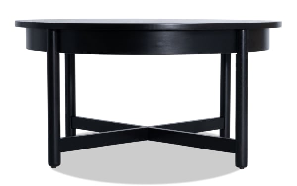 Bettie Black Round Coffee Table in mid-century modern style, made of black wood with an espresso finish, featuring round top and crossed leg supports.
