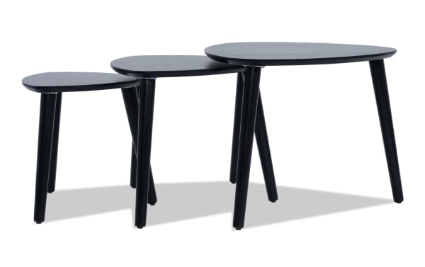 Set of 3 Bettie Black Triangle Nesting Tables with angled legs, mid-century modern style, espresso wood finish, space-saving design for living rooms.