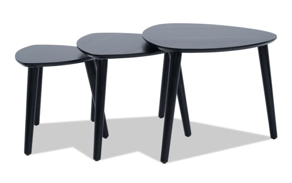 Set of 3 Bettie Black Triangle Nesting Tables in mid-century modern style with espresso wood finish, angled legs, and space-saving design.