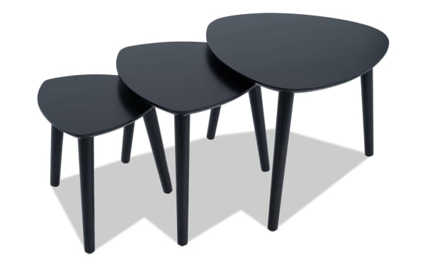 Set of 3 Bettie Black Triangle Nesting Tables in mid-century modern style, espresso-finished wood with angled legs for space-saving storage.