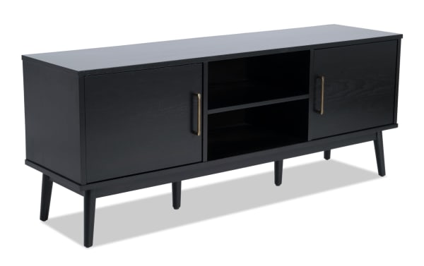 Bettie 60'' Black TV Console in mid-century modern style with MDF wood veneer, flared legs, two cabinets, and open shelving for media storage.