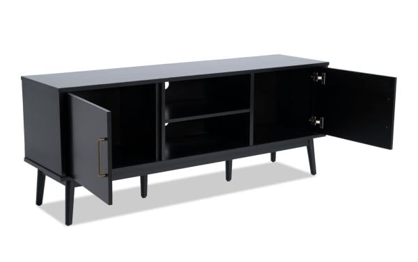 Bettie 60'' black MDF TV console with mid-century modern flared legs, two cabinets, open shelving, and cord management cutouts, from Bettie Entertainment & Occasional collection.