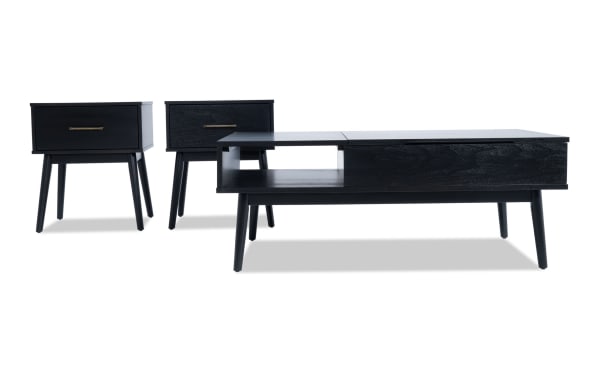 Bettie Black Rectangle Lift-Top Coffee Table and 2 End Tables set in mid-century modern style. Made of black wood with espresso finish, angled legs, and clean lines for stylish storage and space-saving functionality. Part of the Bettie Entertainment & Occasional collection.