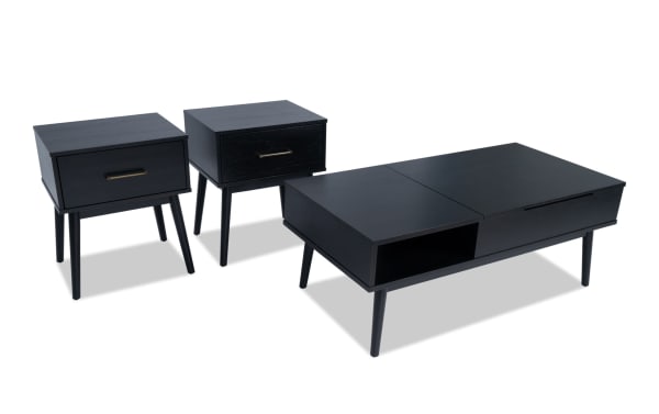 Bettie Black Rectangle Lift-Top Coffee Table and 2 End Tables set in mid-century modern style, black wood with angled legs and espresso finish.