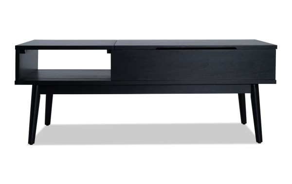 Bettie Black Rectangle Lift-Top Coffee Table in mid-century modern style with espresso wood finish, angled legs, and storage space underneath the lift-top.