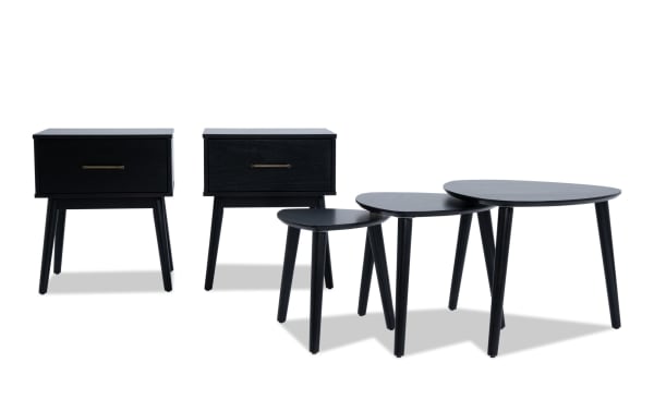 Bettie 3 Piece Black Nesting Coffee Table & 2 End Table Set in mid-century modern style, wood with espresso finish, angled legs, and space-saving stackable design.