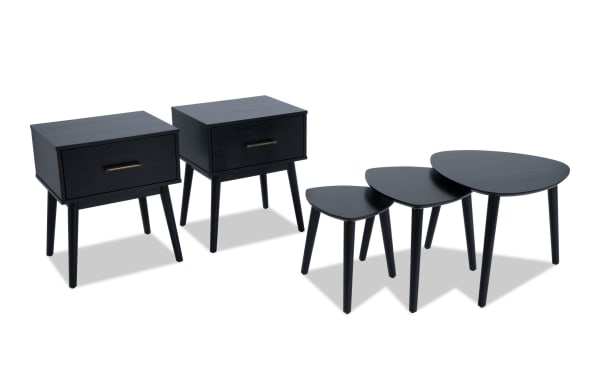Bettie 3 Piece Black Nesting Coffee Table & 2 End Table Set in mid-century modern style, wood with espresso finish, angled legs, and space-saving design.
