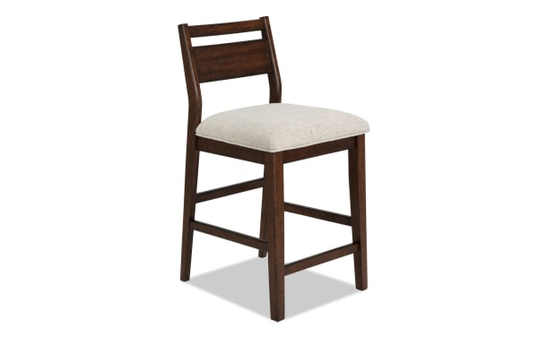 Mango Brown & Beige Panel Back Counter Height Stool with solid mango wood frame, beige polyester fabric seat, and contemporary panel back design.