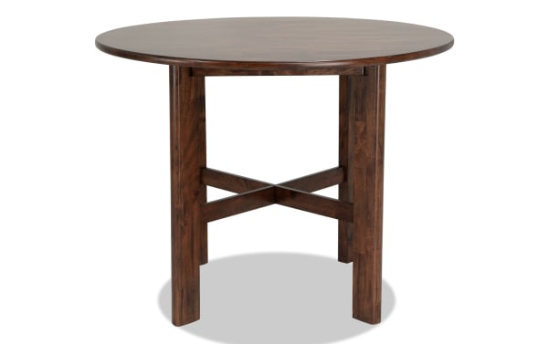 Mango Brown solid wood counter height round dining table with contemporary style, featuring a rich brown finish and sturdy cross-leg design.