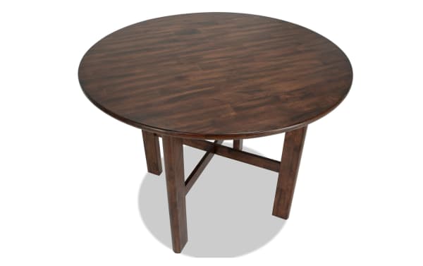 Mango Brown solid wood round dining table in contemporary style, counter-height with rich brown finish and sturdy angled legs from Mango Dining collection.