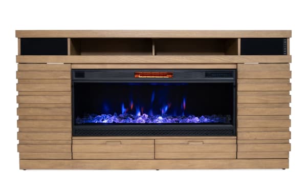 Rustic Ember 70'' natural MDF and veneer TV stand with tempered glass 3D electric fireplace, adjustable shelves, drawers, and Bluetooth speakers.