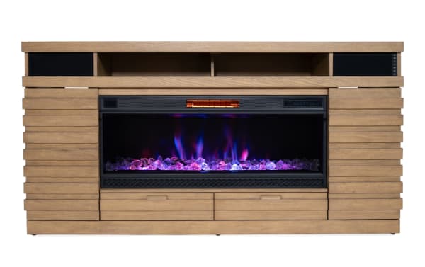 Rustic Ember 70'' Natural MDF and veneer TV stand with tempered glass 3D electric fireplace, adjustable shelves, drawers, and Bluetooth speakers.