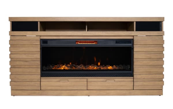 Rustic Ember 70'' Natural MDF and veneer TV stand with tempered glass 3D electric fireplace, adjustable shelves, drawers, and Bluetooth speakers.
