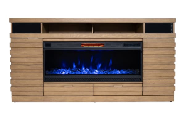 Rustic Ember 70'' natural wood MDF and veneer TV stand with tempered glass 3D electric fireplace, adjustable shelves, drawers, and Bluetooth speaker.