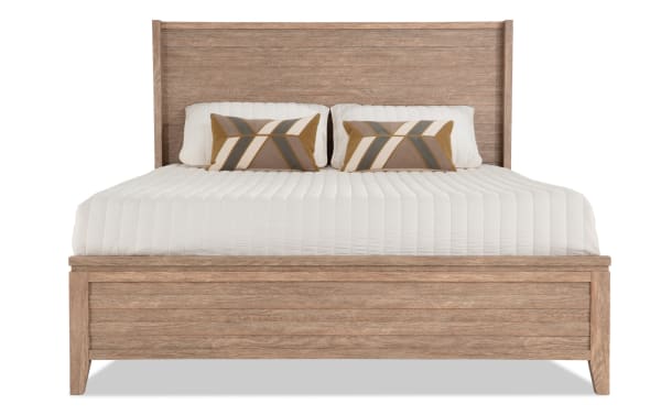 Solitude Twin Light Brown Platform Bed with contemporary slatted headboard, engineered wood grain MDF, adjustable height legs, from Solitude Bedroom collection.