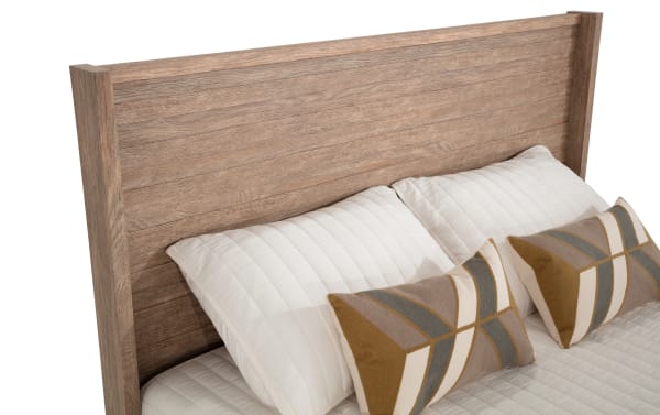 Solitude Twin Light Brown Platform Bed with contemporary slatted headboard, engineered wood grain MDF, adjustable height legs, and light brown finish.