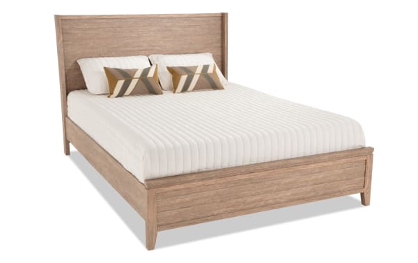 Solitude Queen Light Brown Platform Bed with contemporary slatted headboard, engineered wood grain MDF frame, and adjustable legs (48"-53" height).