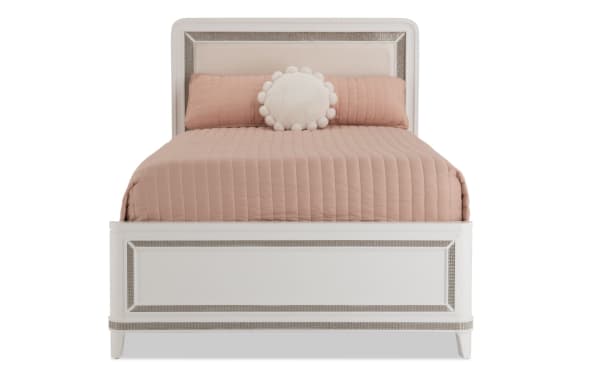 Glitz Full White Bed with glam style, white MDF and poplar solids frame, soft polyester fabric upholstery, and mirrored crystal trim from Glitz Bedroom collection.