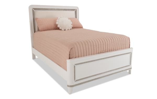 Glitz Full White Bed with glam silhouette, white MDF and poplar frame, soft polyester fabric upholstery, and mirrored crystal trim.