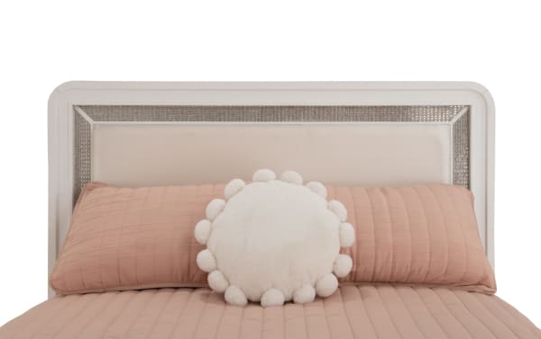 White Glitz Full Bed headboard with soft polyester upholstery, mirrored crystal textured trim, and glam style from the Glitz Bedroom Collection.