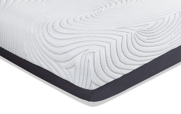 Prize Hybrid 10'' King Firm Mattress corner showing white quilted top with gray geometric stitching and dark gray breathable mesh sides, part of the Prize collection.