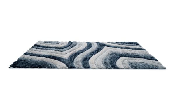 Contemporary Swirls 8' x 10' Blue Abstract Rug with plush medium pile polyester fabric, featuring blue and gray swirling patterns for modern home decor.
