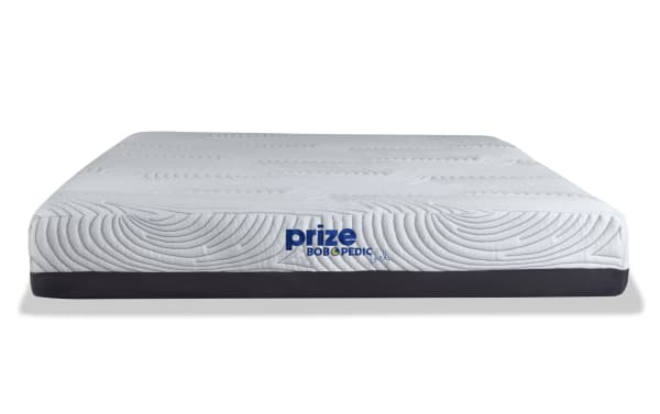 Prize Gel 10'' Full Firm Mattress from Bob-O-Pedic Prize collection, featuring white quilted gel memory foam top with charcoal base and coil support system.