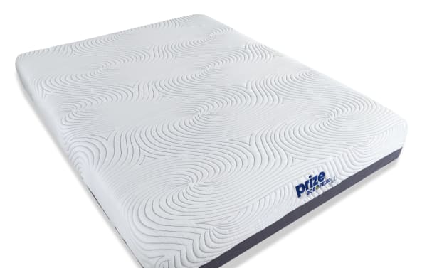 Prize Gel 10'' Full Firm Mattress from Bob-O-Pedic Prize collection, featuring white textured gel memory foam cover with gray sides, ventilated gel foam, charcoal infusion, and individually wrapped coil support.