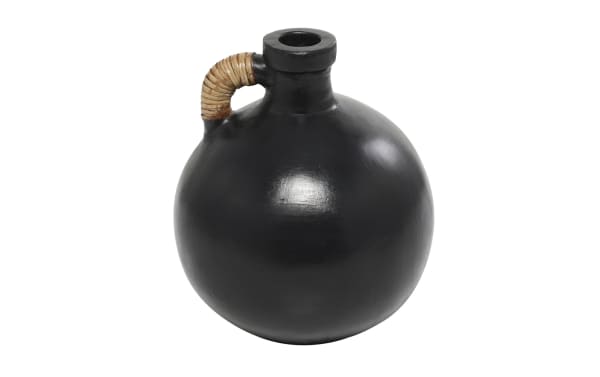 11'' Black Terracotta Vase in farmhouse style with a round body, narrow neck, and small wrapped handle, perfect for rustic home decor or flowers.