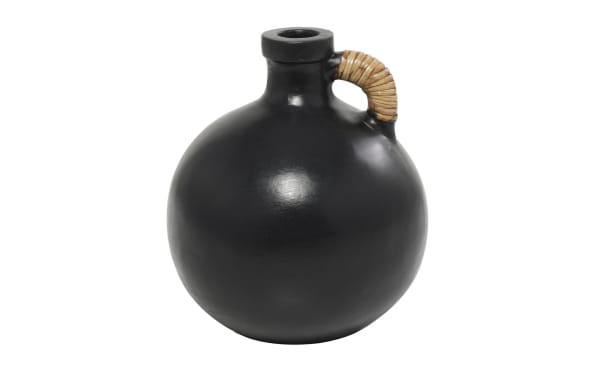 11'' Black Terracotta Vase in farmhouse style with round body, narrow neck, and wrapped handle detail, ideal for rustic home decor or flowers.