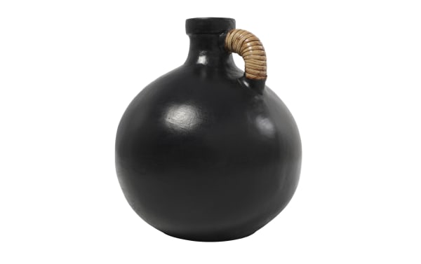 11'' Black Terracotta Vase in farmhouse style, featuring a round body, matte black finish, and a small wrapped handle near the neck.