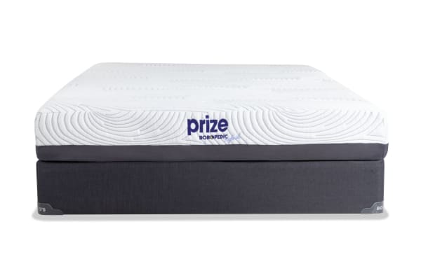 Prize Hybrid 10'' Full Firm Standard Mattress Set with white quilted top, gray base, ventilated gel memory foam, and charcoal layer for cooling and support.