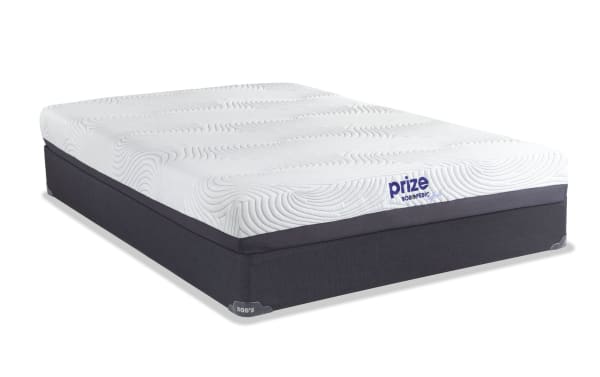 Prize Hybrid 10'' Full Firm Standard Mattress Set with white ventilated gel memory foam top, charcoal base, and Bob-O-Pedic branding for pressure relief and temperature control.
