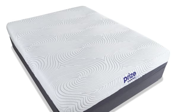 Prize Hybrid 10'' Full Firm Standard Mattress Set by Bob-O-Pedic, white top with textured swirl pattern, gray sides, hybrid gel memory foam for support and cooling.