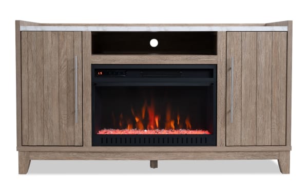Solitude 57.5" natural wood MDF electric fireplace and TV stand with LED flame effect, tempered glass, metal handles, two storage cabinets, and remote control.