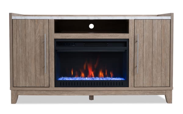 Solitude 57.5'' natural MDF electric fireplace and TV stand with tempered glass, LED flame effect, crystal rocks, metal handles, two storage cabinets, and wireless remote control.